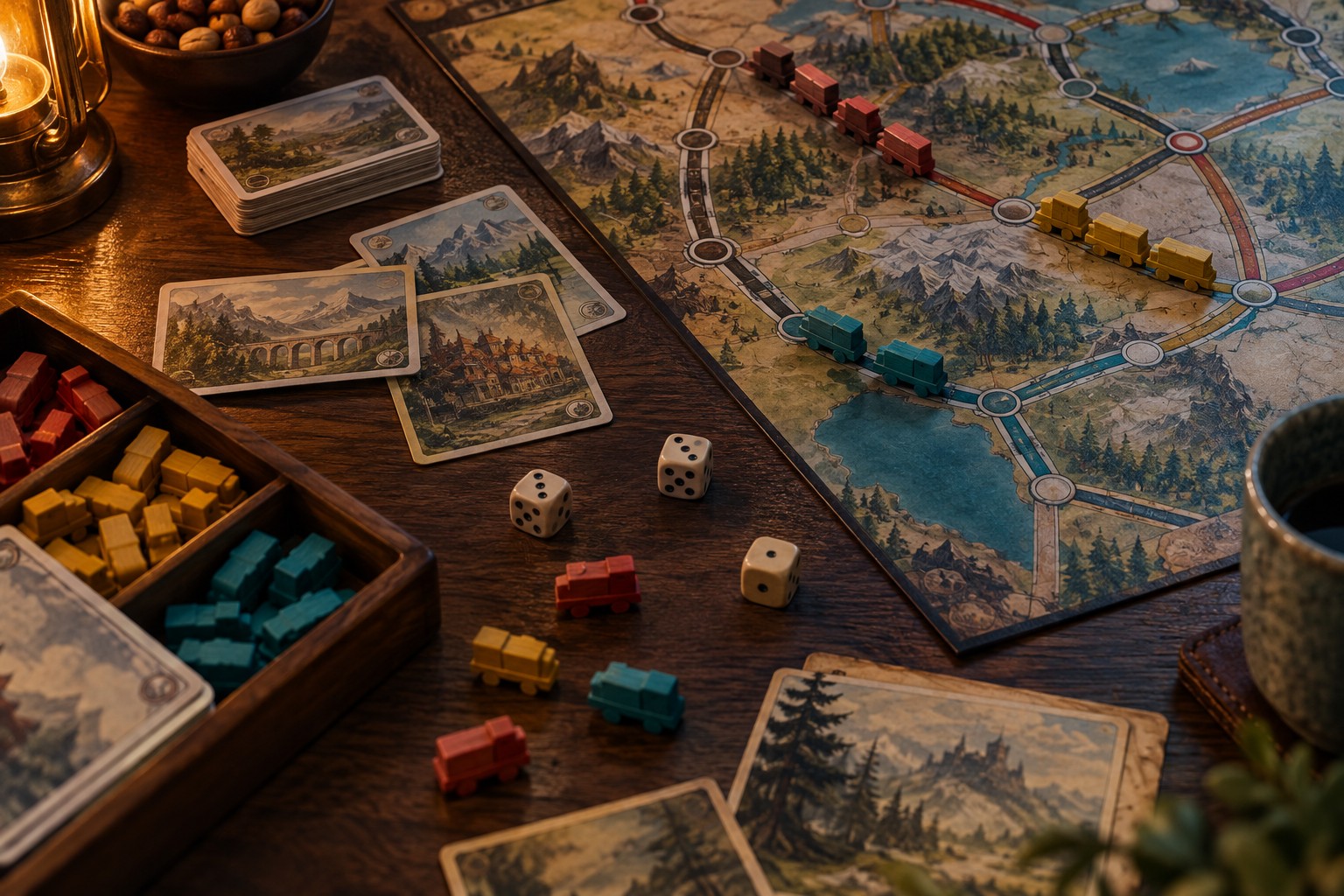 Colourful board game pieces, cards and dice on a warmly lit wooden table